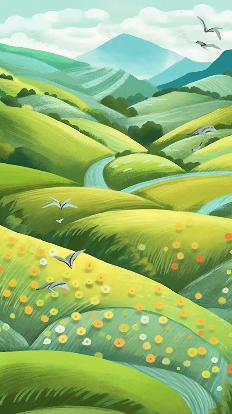 花草绿色田野河流飞鸟山坡清新自然插画,插画/手绘图,插画/手绘图库,插画/手绘图下载,插画/手绘